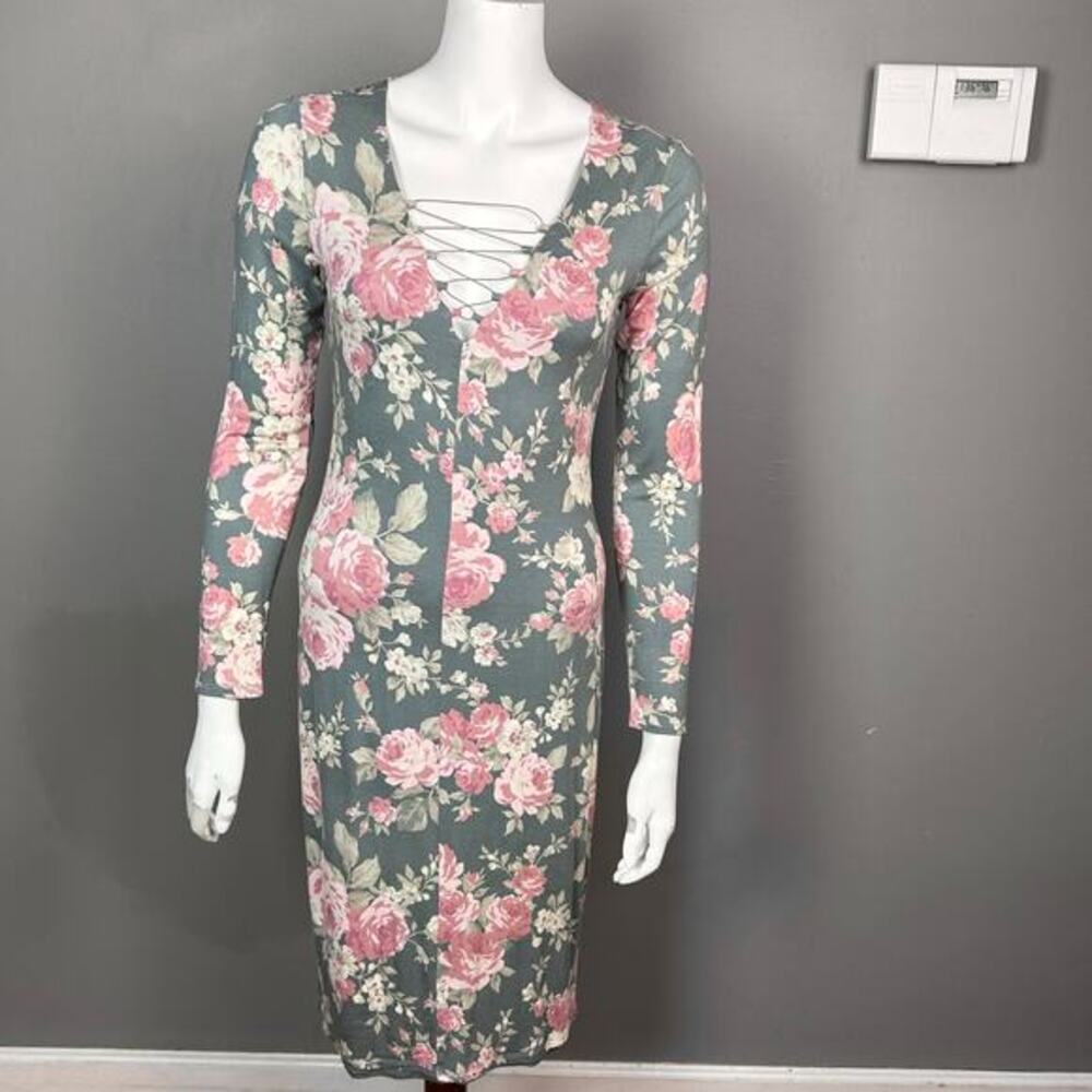 Forest Fairy dress small vtg floral sage green lace-up soft bodycon - Picture 5 of 9